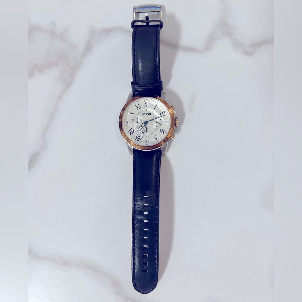 Men’s Fossil Chronograph Watch — Rose Gold with Navy blue strap